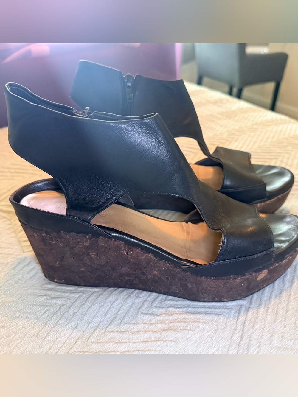 COCLICO Black Leather Cutout Wedge Sandals